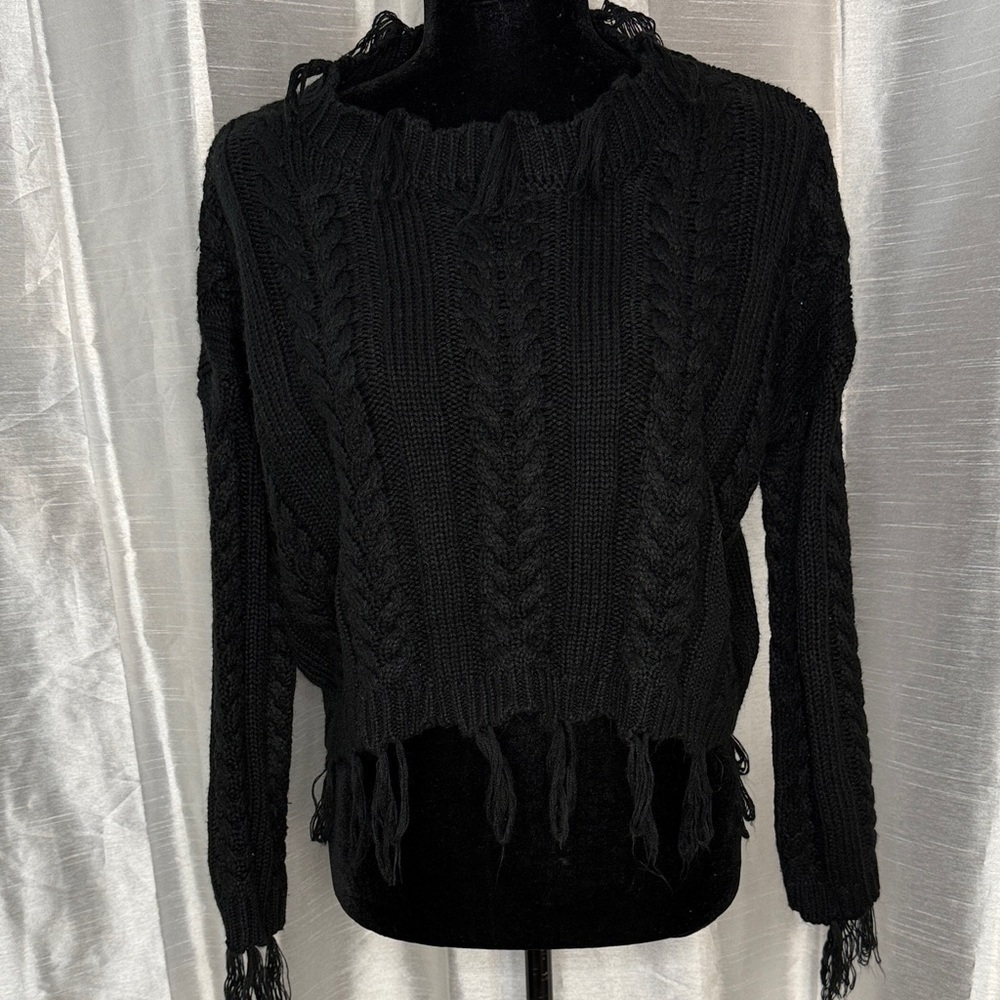 Altar’d State Black Cable Knit Fringe Boho Acrylic Relaxed Fit Sweater Womens S